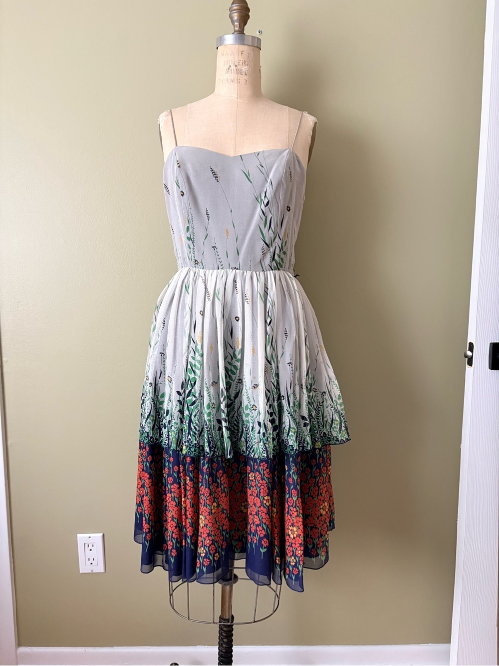 Anna Sui Light Gray, Green and Navy Tiered Floral Midi Dress